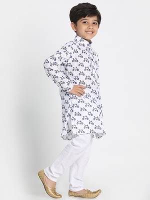 White Printed Silk Blend Boys-Kurta-Pyjama 2