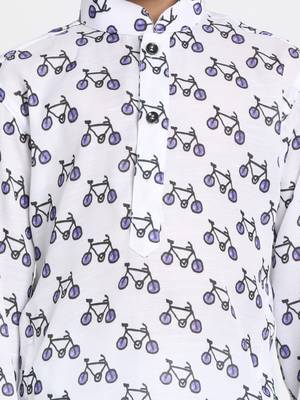 White Printed Silk Blend Boys-Kurta-Pyjama 3