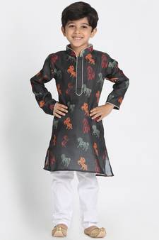 Boys Shaded Black Cotton Blend Kurta Pyjama Set