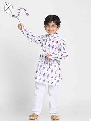 White Printed Silk Blend Boys-Kurta-Pyjama 1