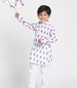 White Printed Silk Blend Boys-Kurta-Pyjama