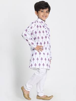 White Printed Silk Blend Boys-Kurta-Pyjama 2