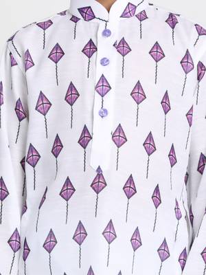 White Printed Silk Blend Boys-Kurta-Pyjama 3