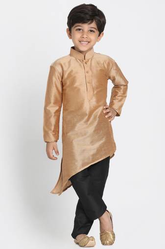 Boys Rose Gold And Black Cotton Blend Kurta Pyjama Set