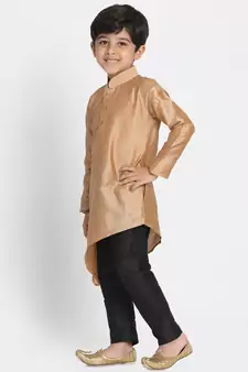 Boys Rose Gold And Black Cotton Blend Kurta Pyjama Set