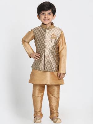  Rose Gold Silk Blend Jacket, Kurta And Pyjama Set 1