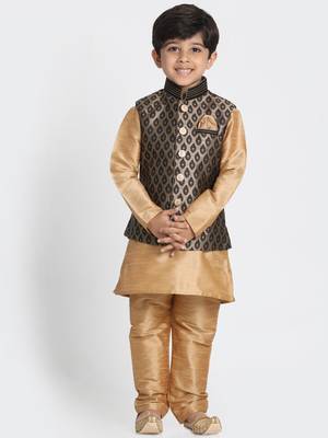 Gold Printed Silk Blend Boys Kurta Pyjama 1