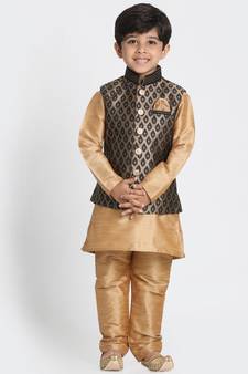 Gold Printed Silk Blend Boys Kurta Pyjama