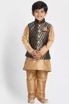 Gold Printed Silk Blend Boys Kurta Pyjama