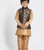 Gold Printed Silk Blend Boys Kurta Pyjama