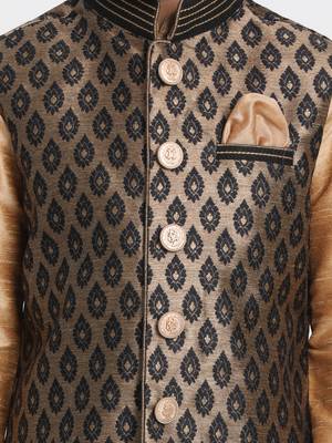 Gold Printed Silk Blend Boys Kurta Pyjama 2