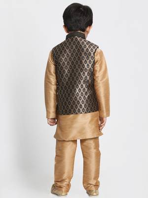 Gold Printed Silk Blend Boys Kurta Pyjama 3