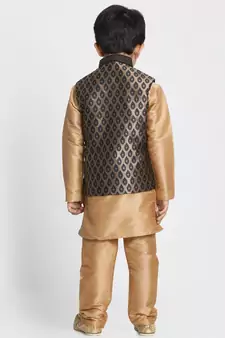 Gold Printed Silk Blend Boys Kurta Pyjama