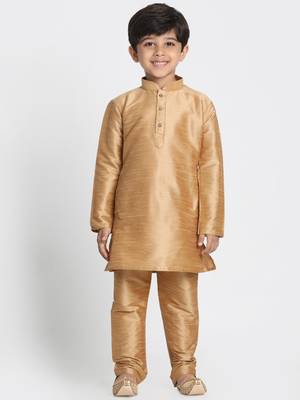 Gold Printed Silk Blend Boys Kurta Pyjama 4