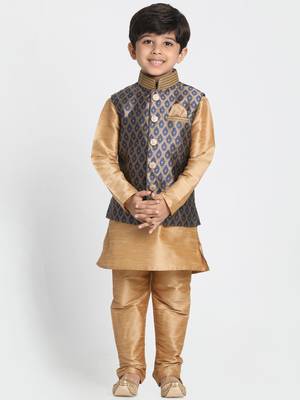  Navy Blue And Rose Gold Silk Blend Jacket, Kurta And Pyjama Set 1