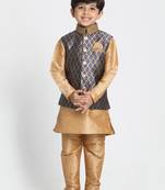  Navy Blue And Rose Gold Silk Blend Jacket, Kurta And Pyjama Set
