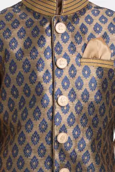  Navy Blue And Rose Gold Silk Blend Jacket, Kurta And Pyjama Set