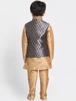  Navy Blue And Rose Gold Silk Blend Jacket, Kurta And Pyjama Set 3