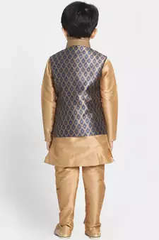  Navy Blue And Rose Gold Silk Blend Jacket, Kurta And Pyjama Set