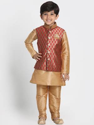  Maroon And Rose Gold Silk Blend Jacket, Kurta And Pyjama Set 1