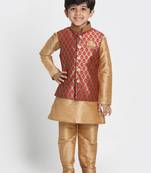  Maroon And Rose Gold Silk Blend Jacket, Kurta And Pyjama Set