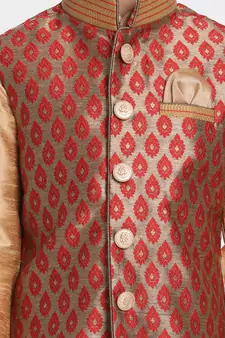  Maroon And Rose Gold Silk Blend Jacket, Kurta And Pyjama Set