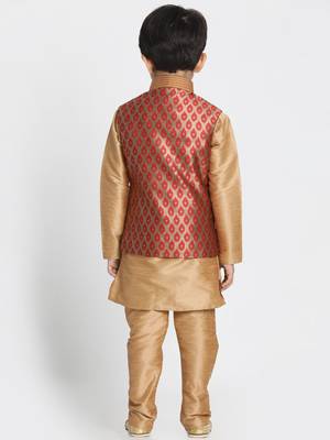  Maroon And Rose Gold Silk Blend Jacket, Kurta And Pyjama Set 3