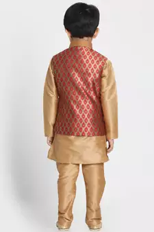  Maroon And Rose Gold Silk Blend Jacket, Kurta And Pyjama Set