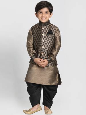  Black And Gold Silk Blend Jacket, Kurta And Dhoti Set 1