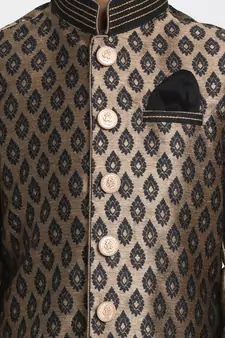  Black And Gold Silk Blend Jacket, Kurta And Dhoti Set