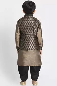  Black And Gold Silk Blend Jacket, Kurta And Dhoti Set