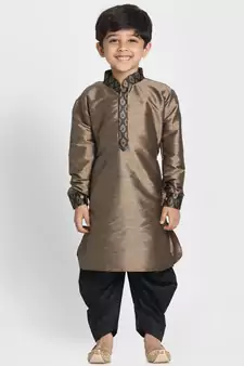  Black And Gold Silk Blend Jacket, Kurta And Dhoti Set
