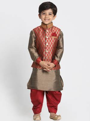  Maroon And Rose Gold Silk Blend Jacket, Kurta And Dhoti Set 1