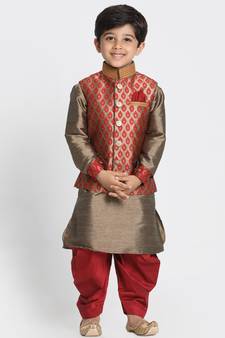 Boys Maroon And Rose Gold Silk Blend Jacket, Kurta And Dhoti Set