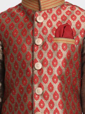  Maroon And Rose Gold Silk Blend Jacket, Kurta And Dhoti Set 2