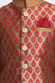  Maroon And Rose Gold Silk Blend Jacket, Kurta And Dhoti Set