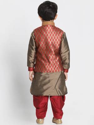 Maroon And Rose Gold Silk Blend Jacket, Kurta And Dhoti Set 3