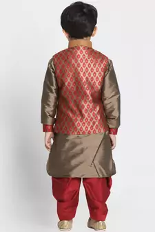  Maroon And Rose Gold Silk Blend Jacket, Kurta And Dhoti Set