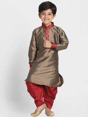  Maroon And Rose Gold Silk Blend Jacket, Kurta And Dhoti Set 4