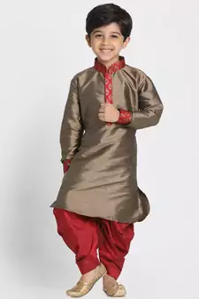  Maroon And Rose Gold Silk Blend Jacket, Kurta And Dhoti Set