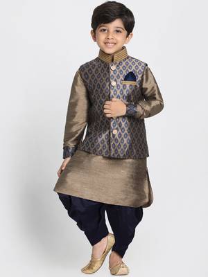  Navy Blue And Gold Silk Blend Jacket, Kurta And Dhoti Set 1