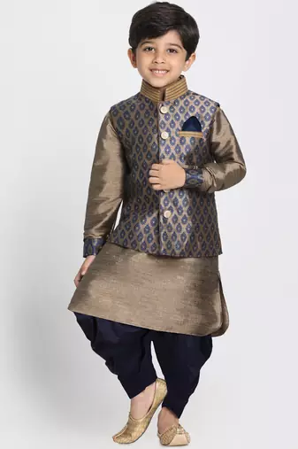  Navy Blue And Gold Silk Blend Jacket, Kurta And Dhoti Set
