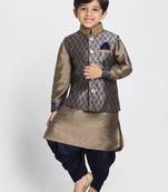  Navy Blue And Gold Silk Blend Jacket, Kurta And Dhoti Set