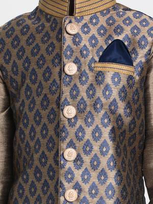  Navy Blue And Gold Silk Blend Jacket, Kurta And Dhoti Set 2