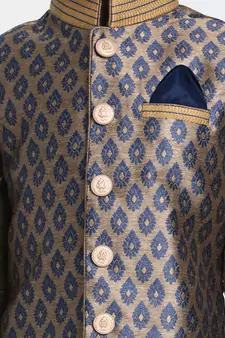  Navy Blue And Gold Silk Blend Jacket, Kurta And Dhoti Set