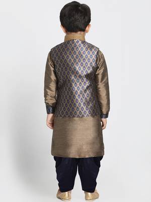  Navy Blue And Gold Silk Blend Jacket, Kurta And Dhoti Set 3