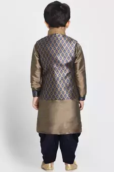  Navy Blue And Gold Silk Blend Jacket, Kurta And Dhoti Set