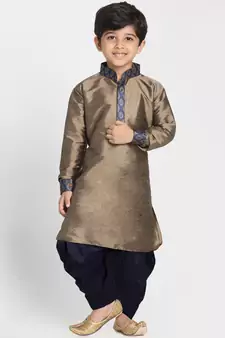  Navy Blue And Gold Silk Blend Jacket, Kurta And Dhoti Set