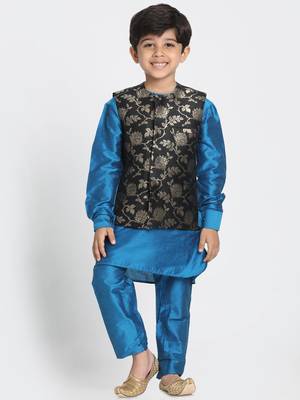 Turquoise Printed Cotton Silk Boys-Kurta-Pyjama 1