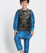 Turquoise Printed Cotton Silk Boys-Kurta-Pyjama